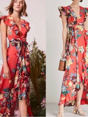 Alexis Coral Floral Ruffle Wrap High-Low Dress